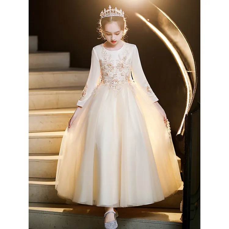 女童礼服长袖公主裙秋冬花童婚礼主持人女孩钢琴演出服儿童晚礼服