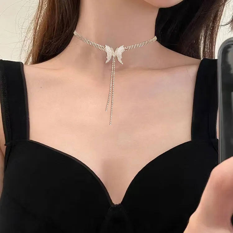 合金项链 蝴蝶水钻长流苏锁骨链时尚轻奢ins女气质小众项链choker