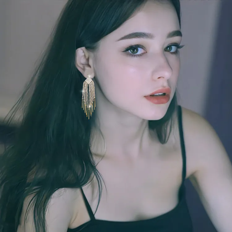 合金耳饰 新款时尚甜美闪长款耳饰水钻流苏耳饰耳环女耳线饰品ins