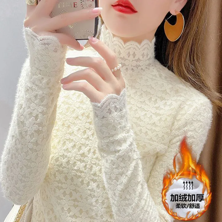 2025新款秋冬加绒蕾丝打底衫女高领内搭修身显瘦洋气宽松百搭上衣