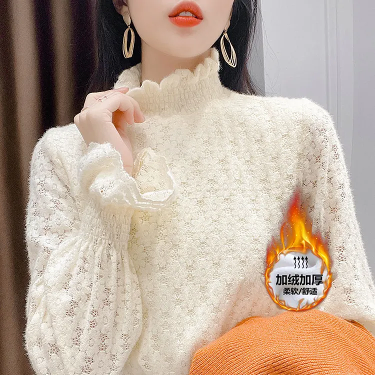 蕾丝加绒打底衫女2025秋冬新款洋气内搭高领小衫磨毛外穿加厚上衣