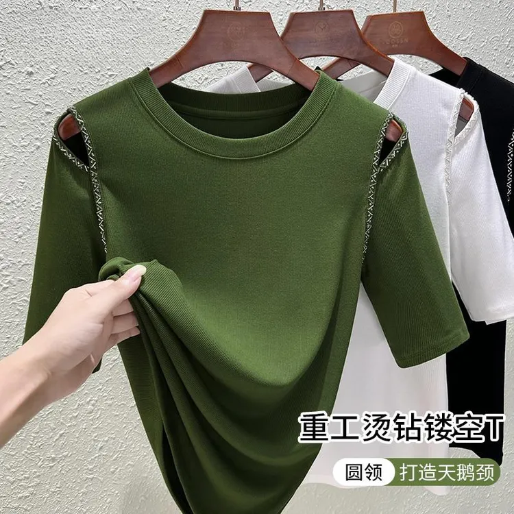 小香风露肩中袖正肩t恤女2024新款设计感秋装五分袖上衣显瘦体恤