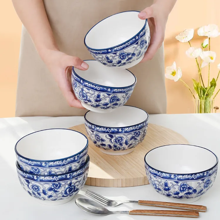 【5.1英寸6只】青花瓷加厚防烫专用网红家用碗釉下彩陶瓷饭盘餐具