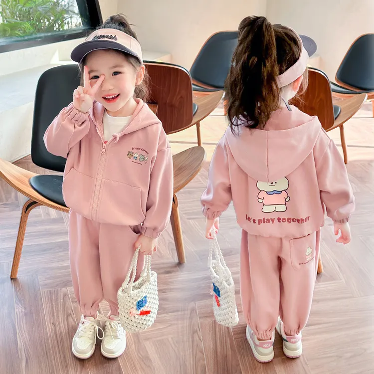 女童秋装套装2025新款休闲洋气儿童卡通连帽衣服女宝宝运动两件套