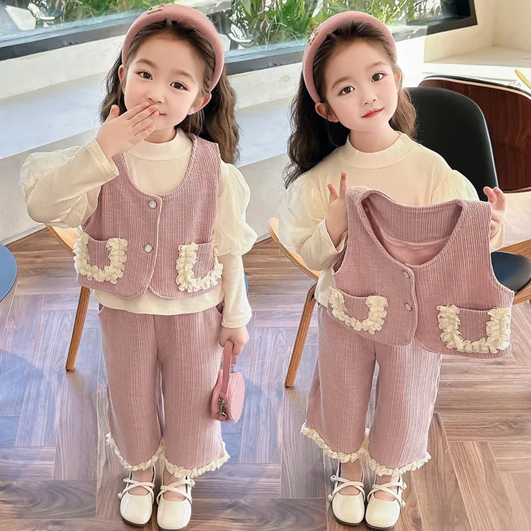 女童秋装套装2025新款时髦洋气儿童衣服春秋小女孩花边马甲三件套