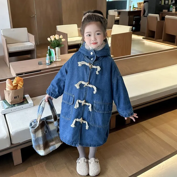 女童冬季棉服加厚2024新款洋气儿童加绒派克服女宝宝韩版牛仔外套