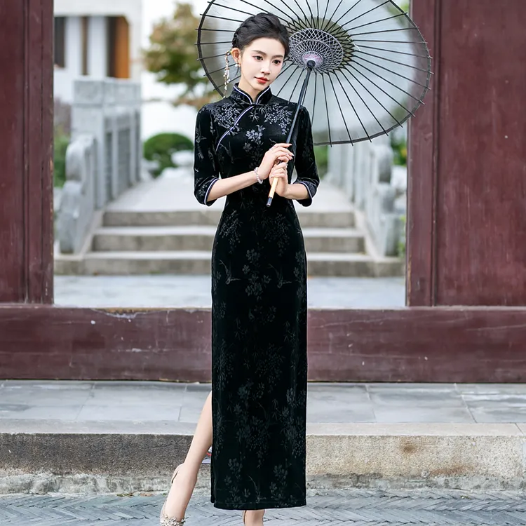 24款改良金丝绒长款修身复古走秀演出服洋气高贵气质连衣裙旗袍