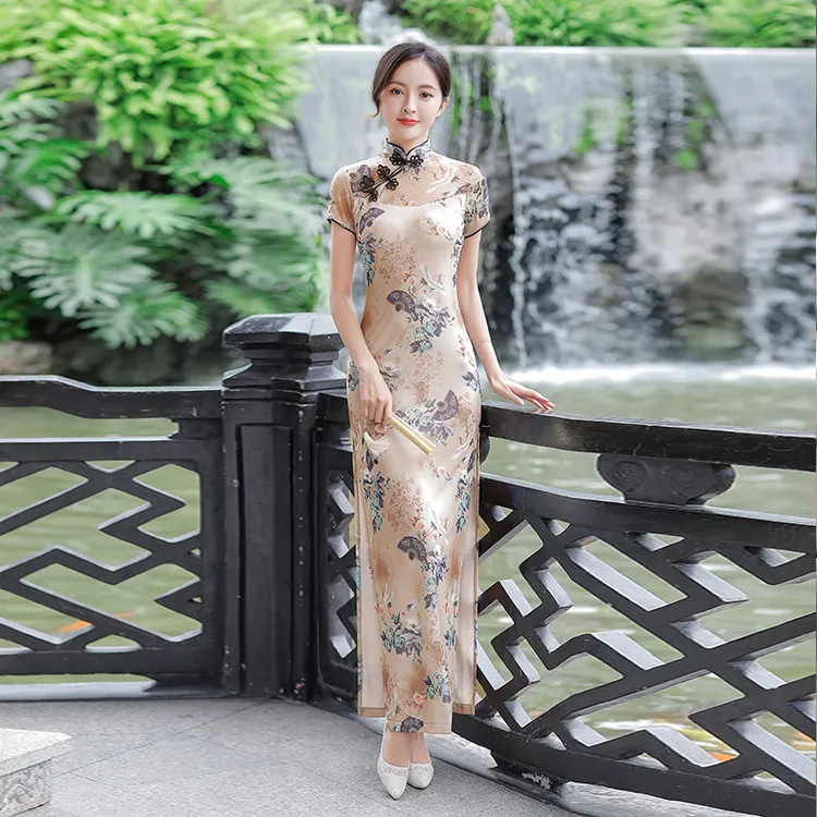 秀色梦舞50中国风旗袍大码时尚春夏走秀印花双层优雅气质连衣裙女