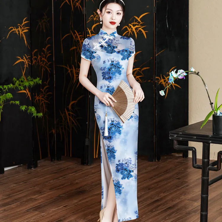 新款网纱双层中国风旗袍气质夏季复古修身日常走秀优雅显瘦时尚