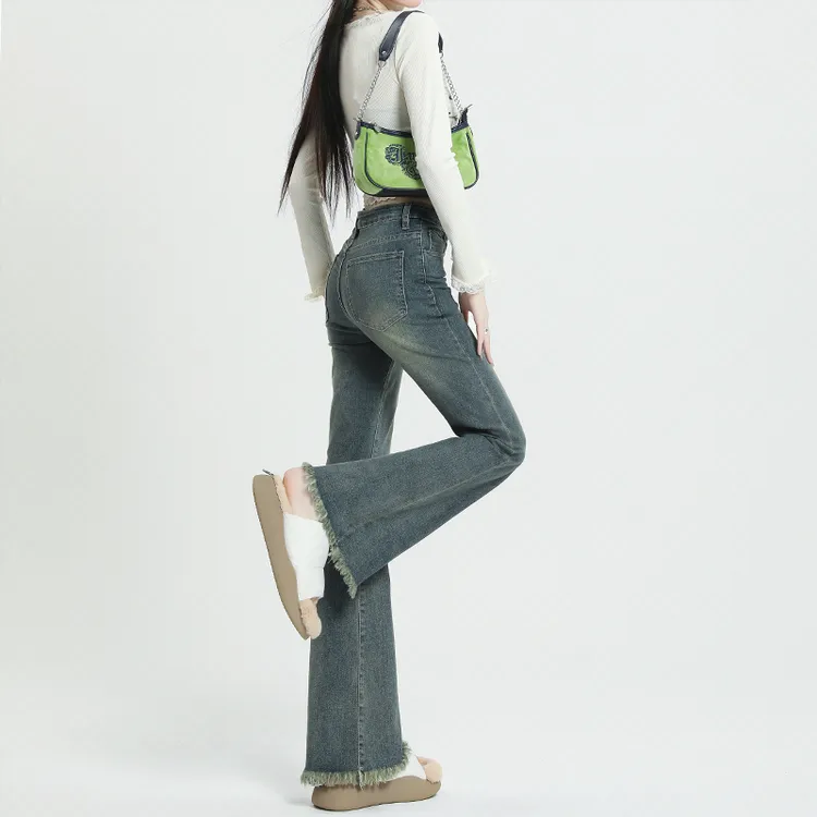 ruiliya/芮丽娅微喇牛仔裤女爆款时尚宽松高腰复古马蹄喇叭裤微喇