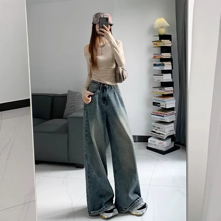 复古高腰大阔腿牛仔裤女秋季直筒香蕉裤甩甩裤梨型身材高个子长裤