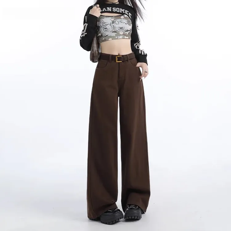 咖啡色直筒阔腿牛仔裤女2025春季新款高腰显瘦垂感休闲直筒拖地裤