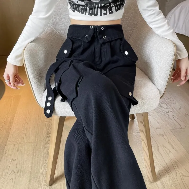 黑色炸街工装裤女春秋2025新款高腰遮胯显瘦多口袋宽松阔腿裤子潮