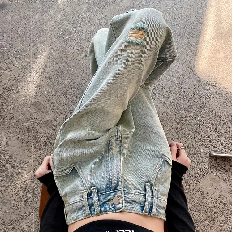 ruiliya/芮丽娅破洞阔腿牛仔裤女春夏新款高腰显瘦宽松拖地直筒裤