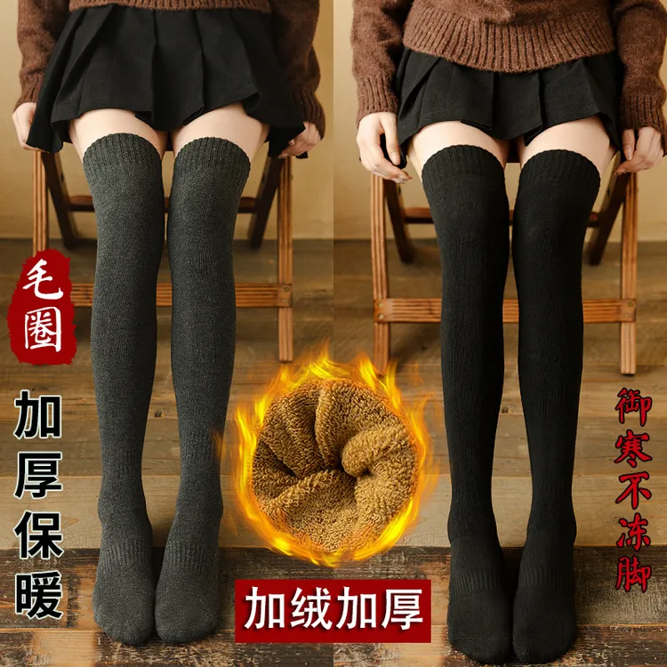 梦格俪过膝袜子女长筒袜加绒加厚保暖秋冬季防滑高筒长袜毛巾冬款