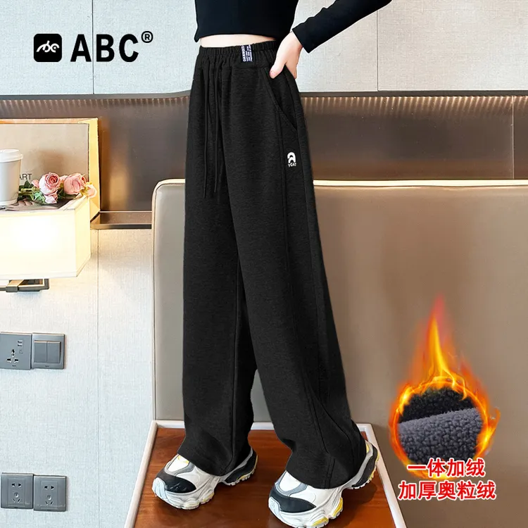 ABC女童加绒裤子春秋中大童直筒卫裤秋冬加厚儿童休闲阔腿长裤潮