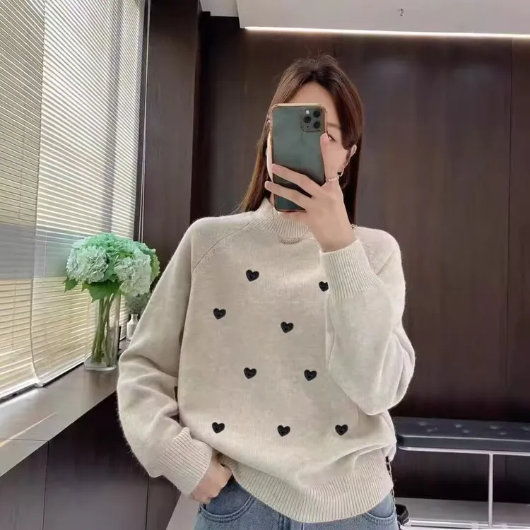 【波点爱心】秋冬装软糯长袖慵懒新款宽松套头半高领毛衣女针织衫