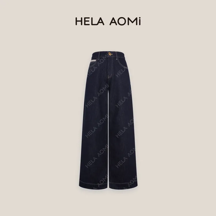 HELAAOMI “人字纹牛仔”高腰加厚宽松直筒舒适牛仔裤CY4DM62516