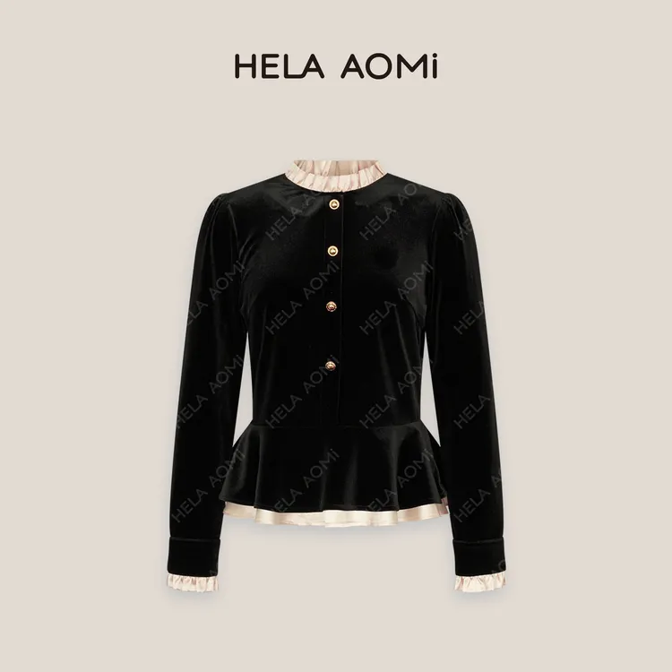 HELA AOMI “赫本夫人”法式小香风假两件圆领丝绒上衣CY4CX11068