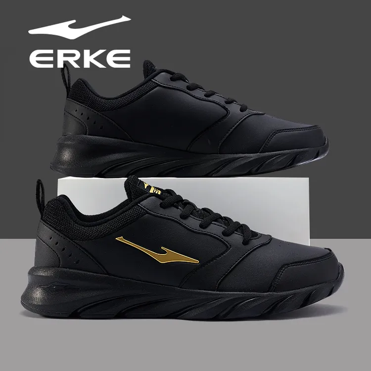 鸿星尔克男鞋2025冬季新款皮面防水正品黑色运动鞋轻便软底跑步鞋