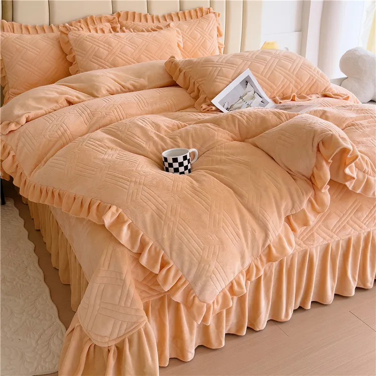 秋冬季纯色加厚牛奶绒夹棉床盖四件套保暖双面加绒珊瑚绒床罩被套