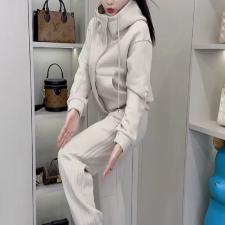 欧洲站纯色秋季连帽上衣裤子休闲运动套装时尚简约设计感两件套女