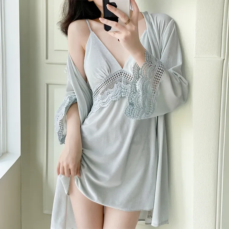 纯欲风带胸垫吊带金丝绒秋冬长袖镂空睡衣露背性感睡衣女蕾丝女士