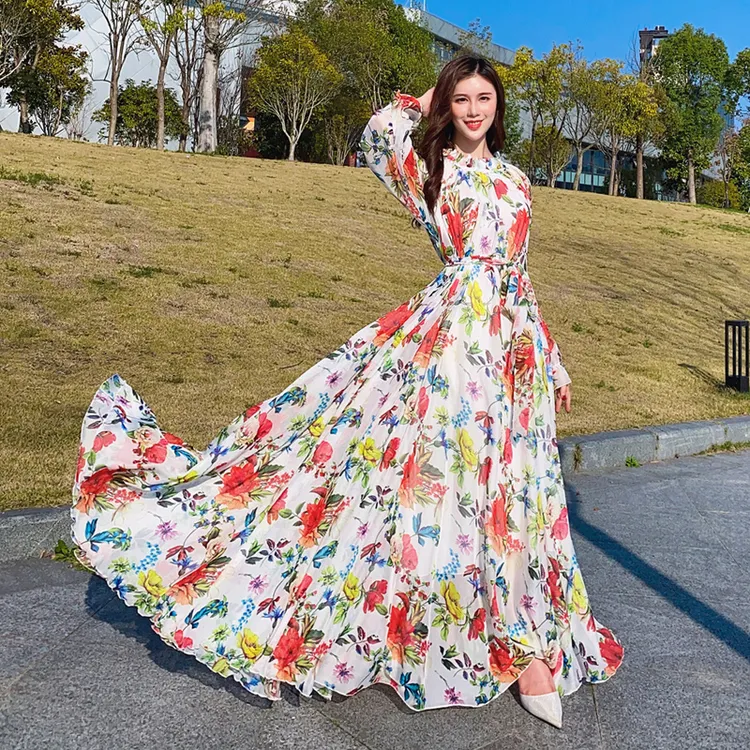 2025长袖雪纺连衣裙超长及踝胖瘦可穿春夏度假旅游显痩沙滩大摆裙