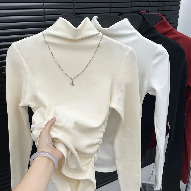 2025新款美式正肩半高领德绒打底毛绒设计感小众简约长袖上衣潮女