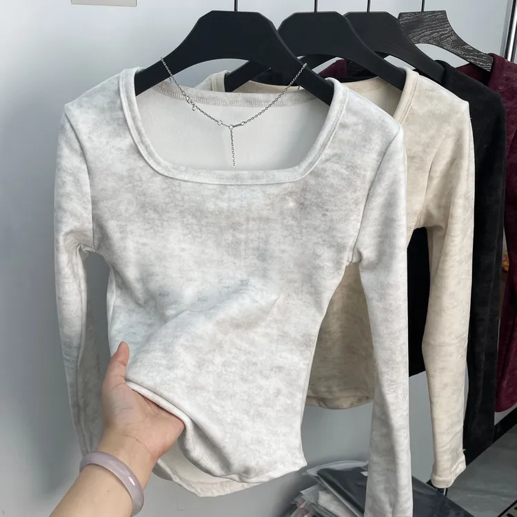秋冬扎染新款方领德绒长袖T恤女设计感正肩修身收腰百搭打底上衣