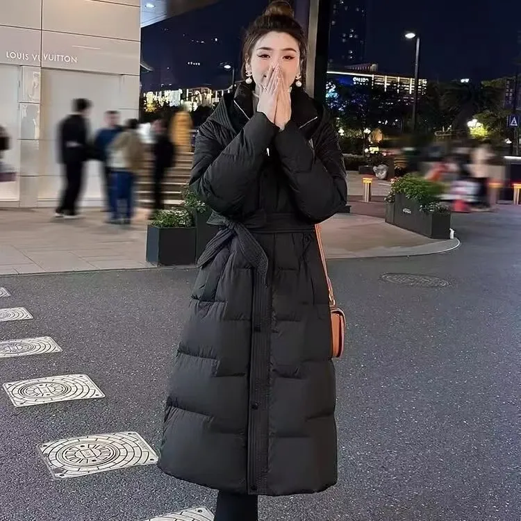 长款过膝棉服女装韩版时尚收腰显瘦棉衣冬季加厚防风外套大码