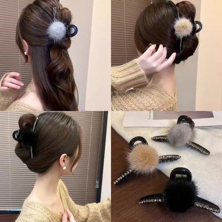2024新款秋冬毛球抓夹头饰女后脑勺大号发夹鲨鱼夹子网红盘发发夹