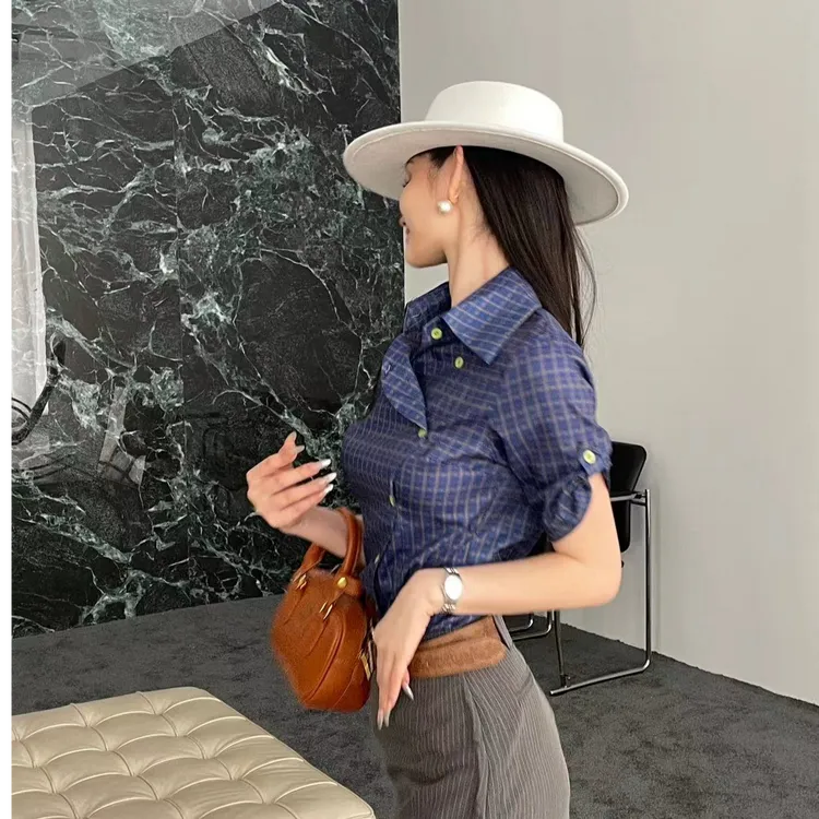 ChicNana  美式辣妹复古蓝色格子衬衫女百搭衬衣修身显瘦短袖上衣