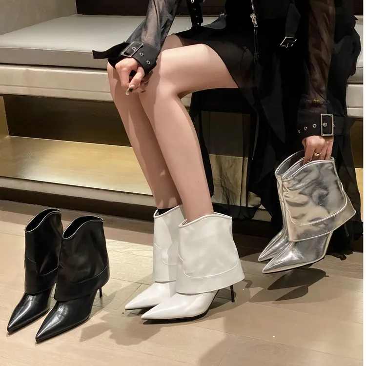 高跟短靴女2024年新款春秋单靴堆堆中筒靴尖头细跟性感辣妹瘦瘦靴