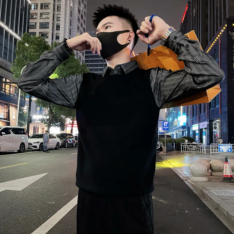 男士毛衣秋冬季2024新款假两件条纹拼接翻领针织衫男装长袖打底衫