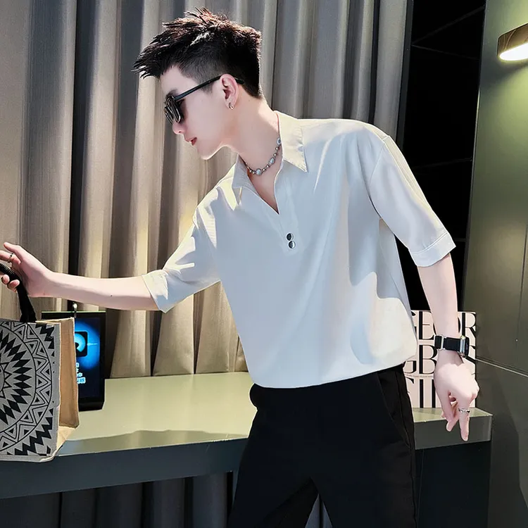 男士衬衫夏季薄款2025新款高档纯色百搭痞帅潮牌男装垂感中袖衬衣