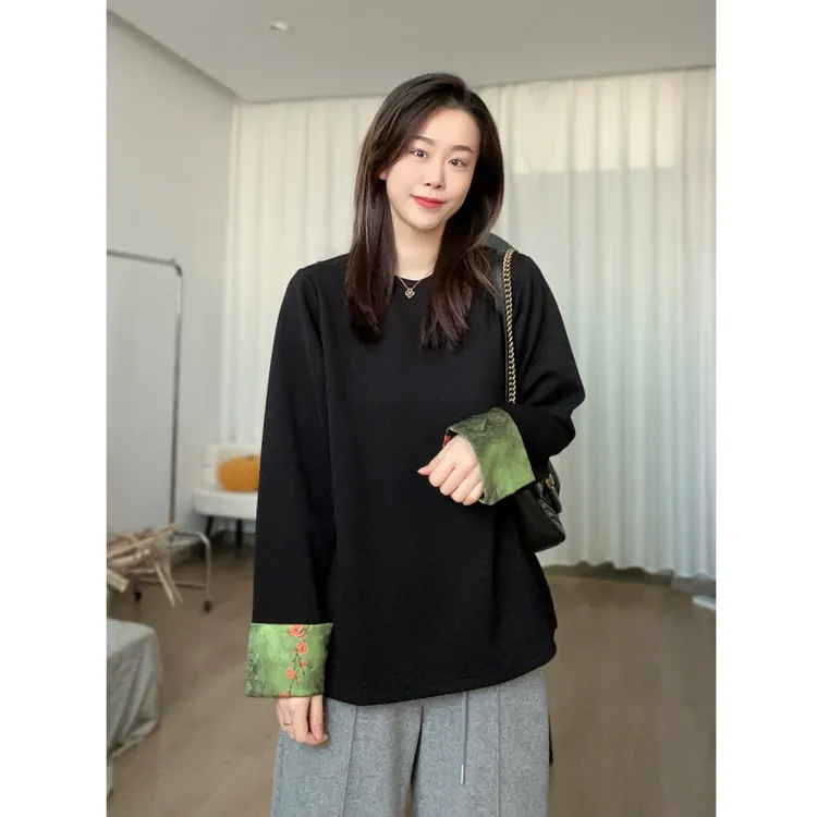 【NANA】新中式撞色国风上衣复古拼接长袖T恤女民族风百搭显瘦A0567