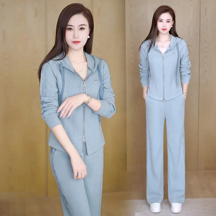 拉条2025洋气面料连帽烫钻套装休闲装收腰仿羊绒A类女新款线条