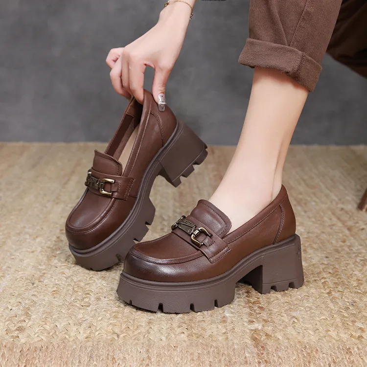 头层牛皮厚底乐福鞋复古圆头单鞋轻便一脚蹬春秋女鞋百搭英伦风