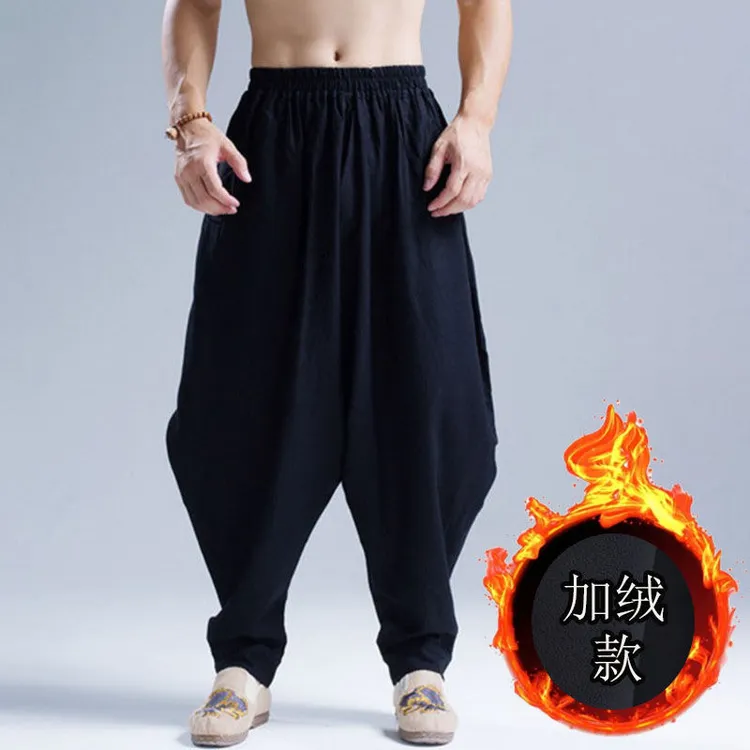 秋冬季加绒垮裤男中国风宽松棉麻加厚大裤裆尼泊尔灯笼裤阔腿裤子