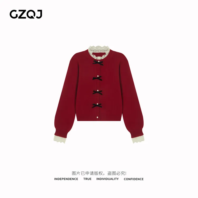 老琴私服 【活力学院】蕾丝拼接蝴蝶结针织开衫立领毛衣女上衣08102