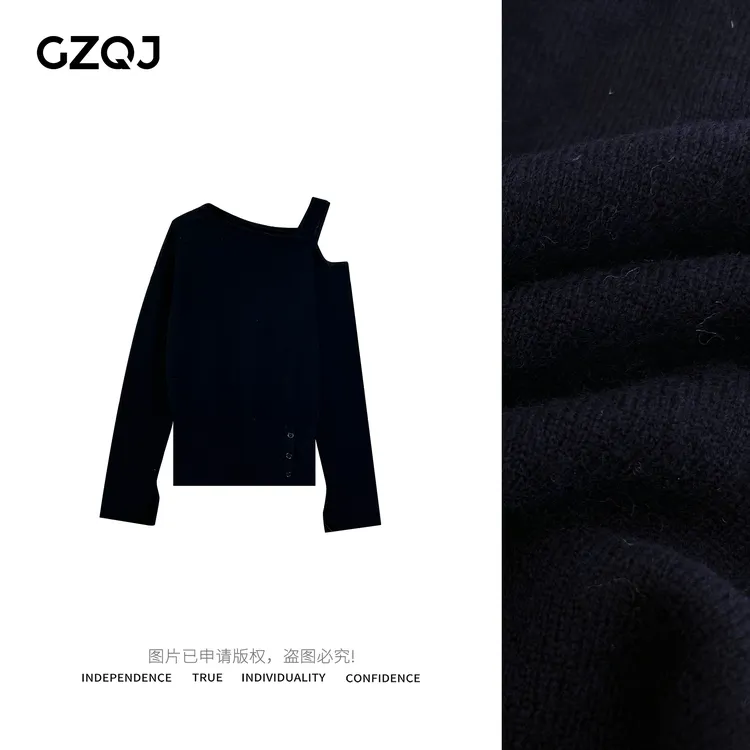 老琴私服【香肩欲辣】时尚绵羊毛漏肩针织衫下开叉显瘦百搭上衣0379