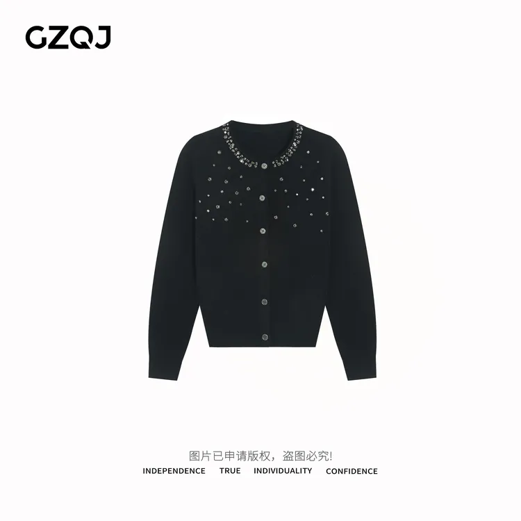 老琴私服【亮晶晶】重工镶钻红色毛衣女圆领针织衫百搭开衫上衣0769