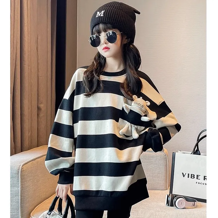 女童条纹卫衣秋冬6-14岁潮款高级感卫衣新款洋气卫衣女童儿童服装