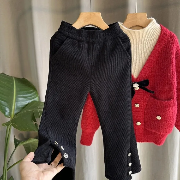 年货加厚女童喇叭裤加厚加绒冬装一体绒保暖宝宝黑色松紧头阔腿裤