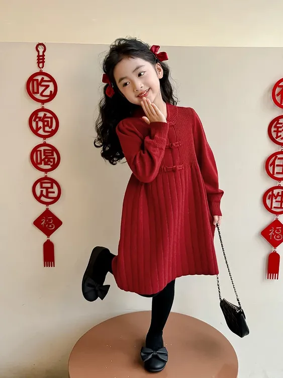 中国红女童连衣裙裙子长袖儿童毛衣裙大红拜年服宝宝秋冬打底加厚