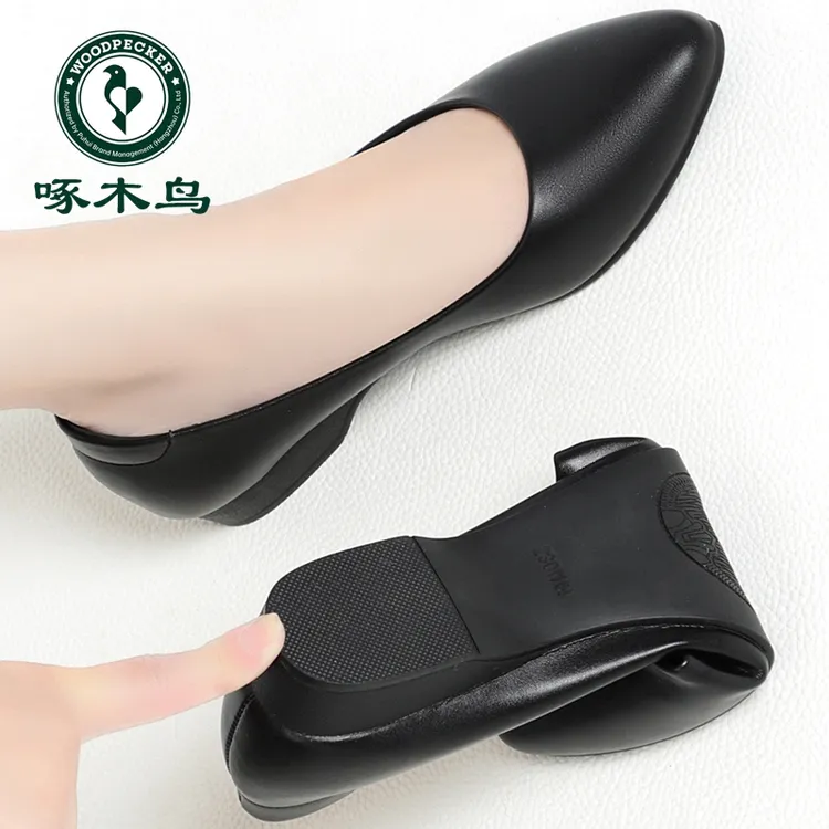 啄木鸟软皮空姐工作鞋黑色工作皮鞋粗跟久站不累脚软底职业面试鞋