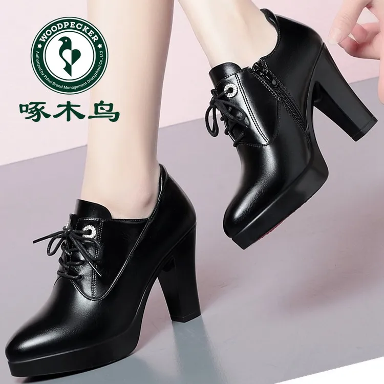 啄木鸟软皮女鞋防水台粗跟高跟深口尖头系带单鞋不累脚工作鞋单鞋