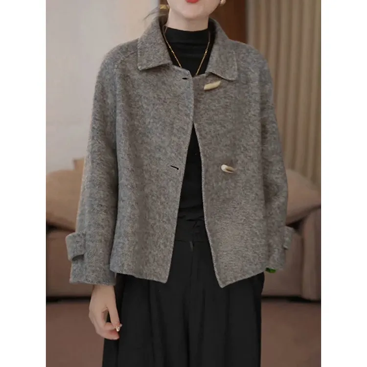 高档时尚纯色毛呢外套女2025秋冬新款遮肚子显瘦百搭加厚双面大衣