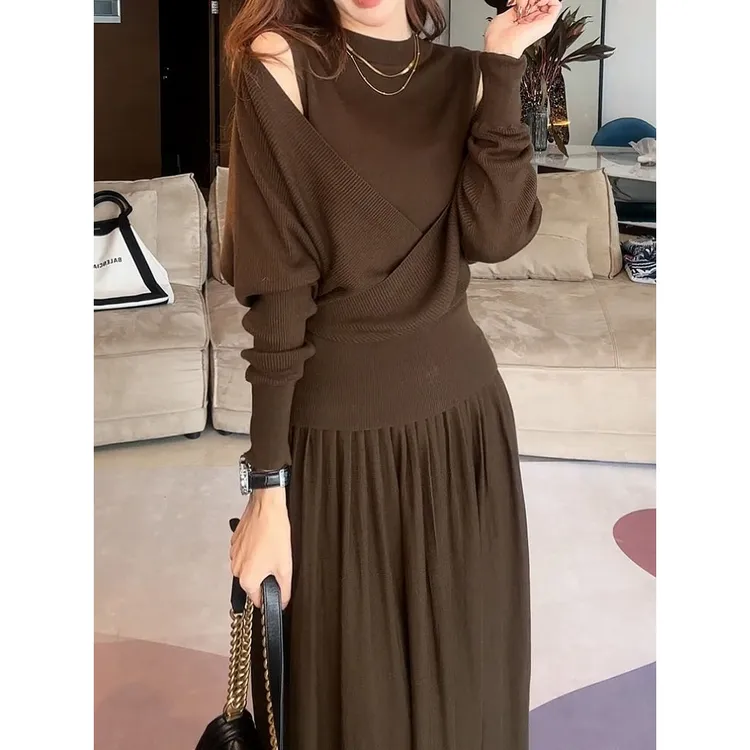 时尚洋气两件套女2025秋季新款设计感假两件百搭上衣+显瘦半身裙